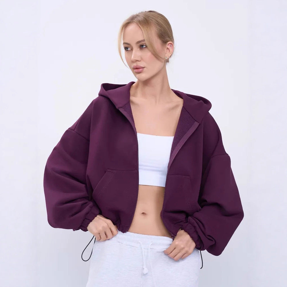 Damen lässiger cropped Kapuzenpullover mit Reißverschluss und weiten Ärmeln Drune