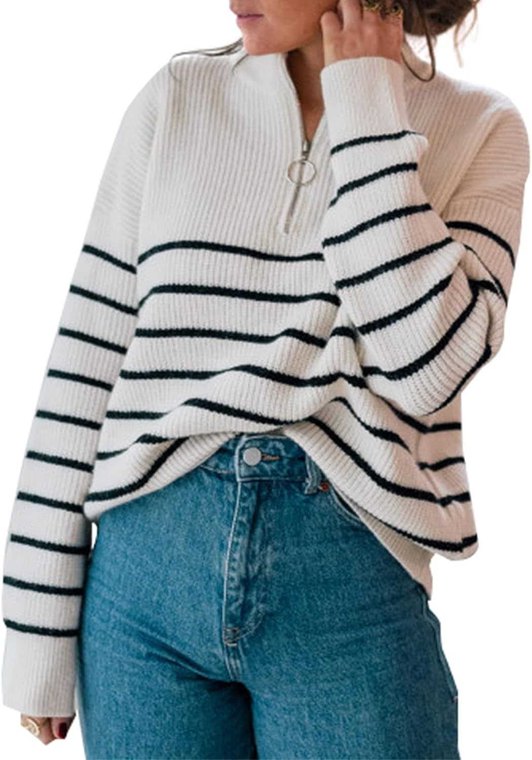 Damen gestreifter Pullover mit halbem Reißverschluss Drune