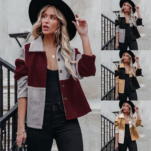 Damen trendige Teddyjacke mit modernem Patchwork-Design Drune