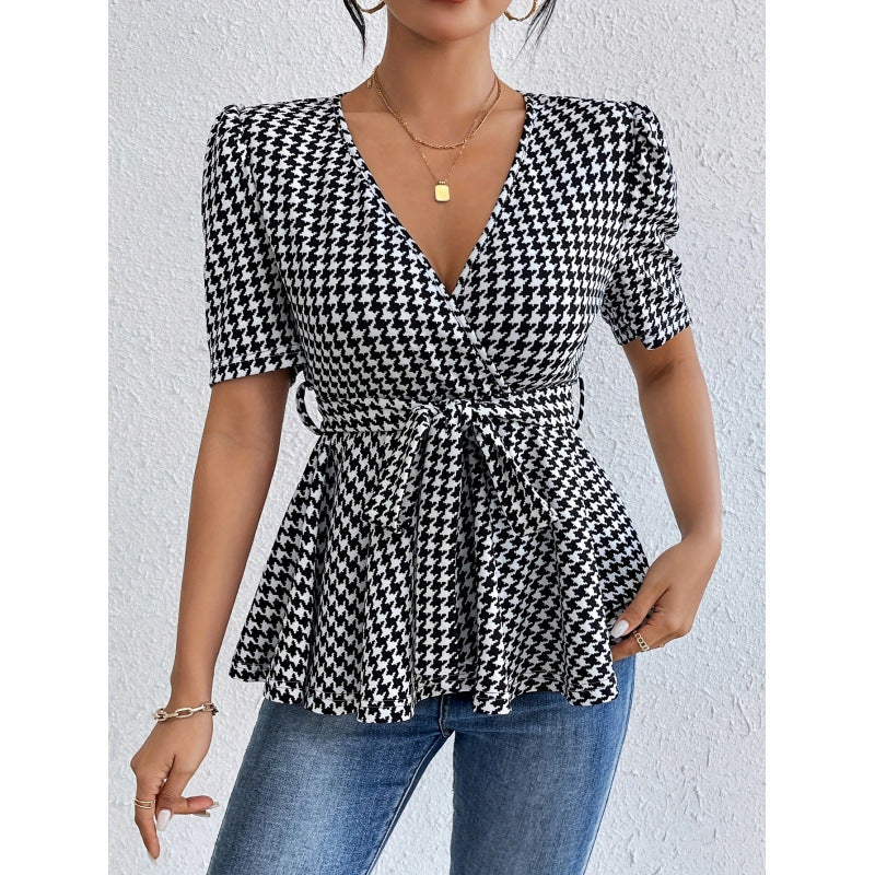 Damen Wickelbluse mit lässigem Schnitt und modischem Hahnentritt-Muster Drune