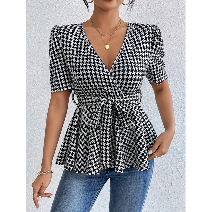 Damen Wickelbluse mit lässigem Schnitt und modischem Hahnentritt-Muster Drune