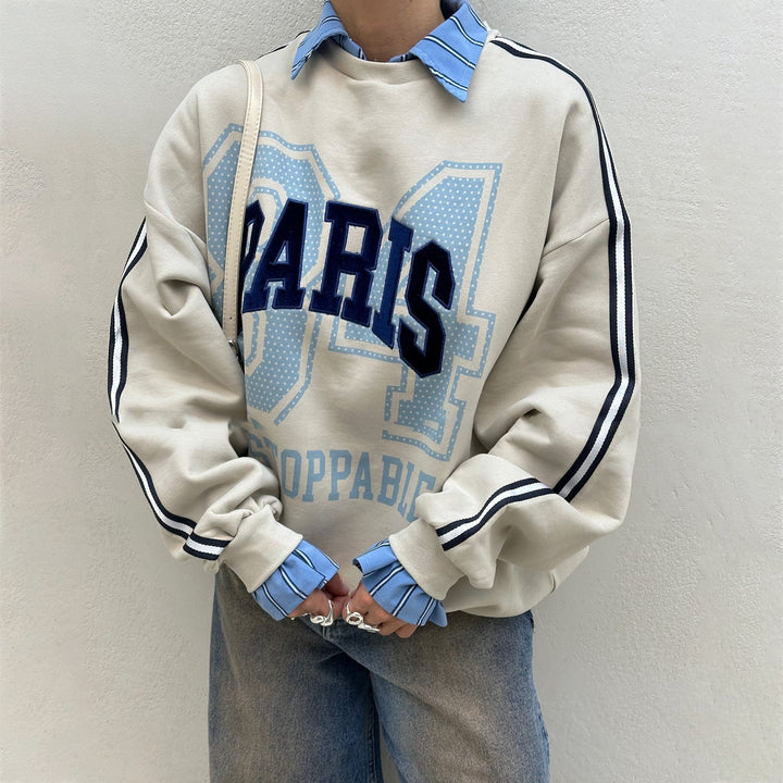 Damen Oversized Sweatshirt mit modischem Paris-Print und gestreiften Akzenten Drune