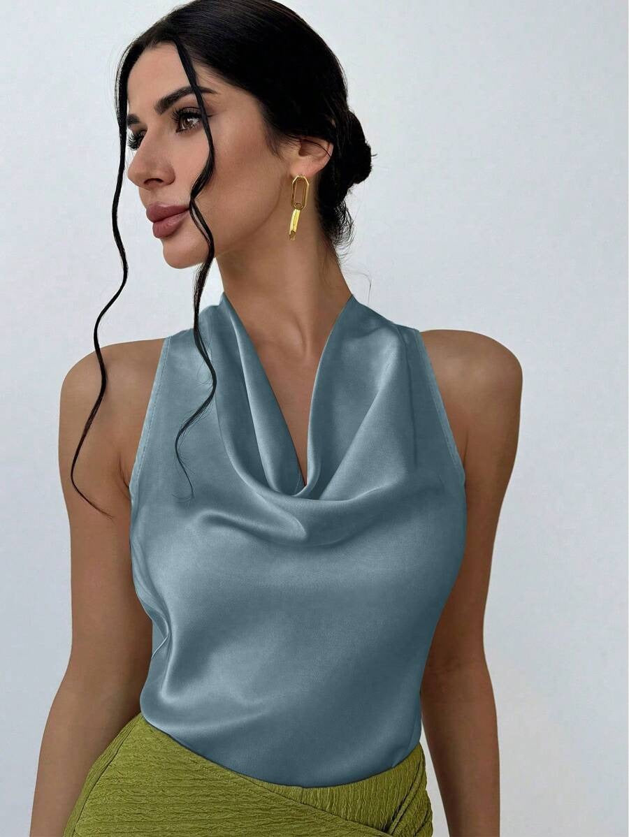Damen Elegantes Satinoberteil mit schickem Wasserfall-Ausschnitt Drune