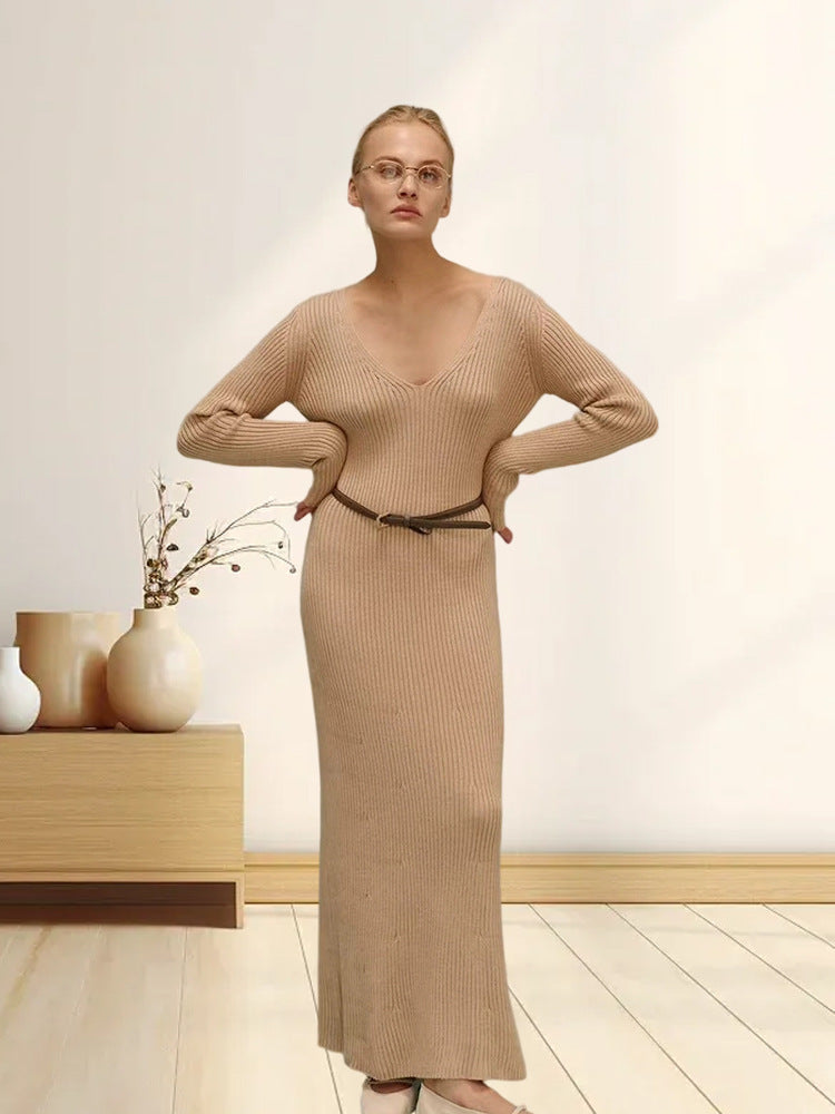 Damen Langarm-Strickkleid mit tiefem V-Ausschnitt und figurbetonter Silhouette Drune