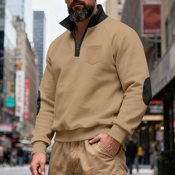 Herren nan Quarterzip-Sweatshirt mit Stehkragen, kontrastiertem Reißverschluss, Ellbogenpatches und Brusttasche Drune