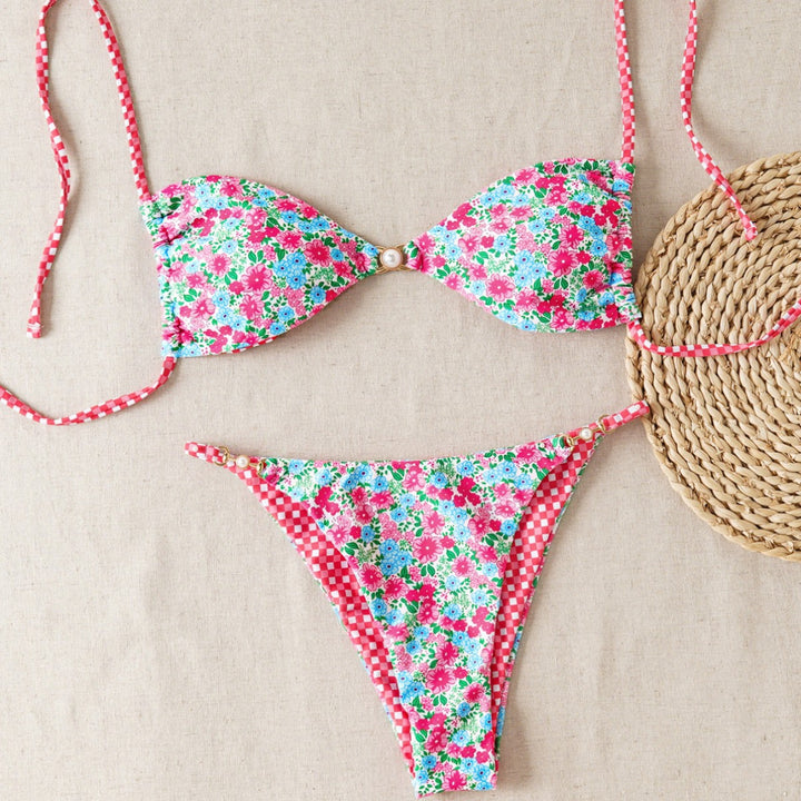 Damen Bikini-Set mit raffiniertem Leopardenmuster und eleganten Perlendetails Drune