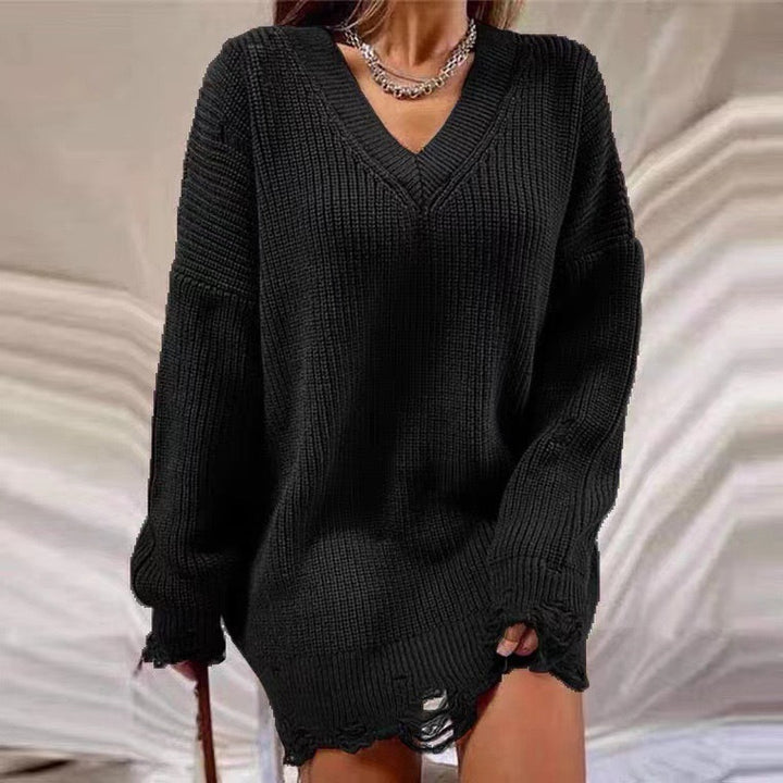 Damen Grobstrick Pullover mit V-Ausschnitt und lässigem Schnitt Drune