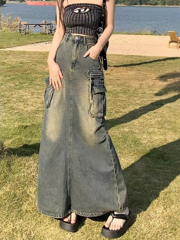 Damen Langer Denim-Rock mit hochgezoggtem Bund und praktischen Taschen Drune