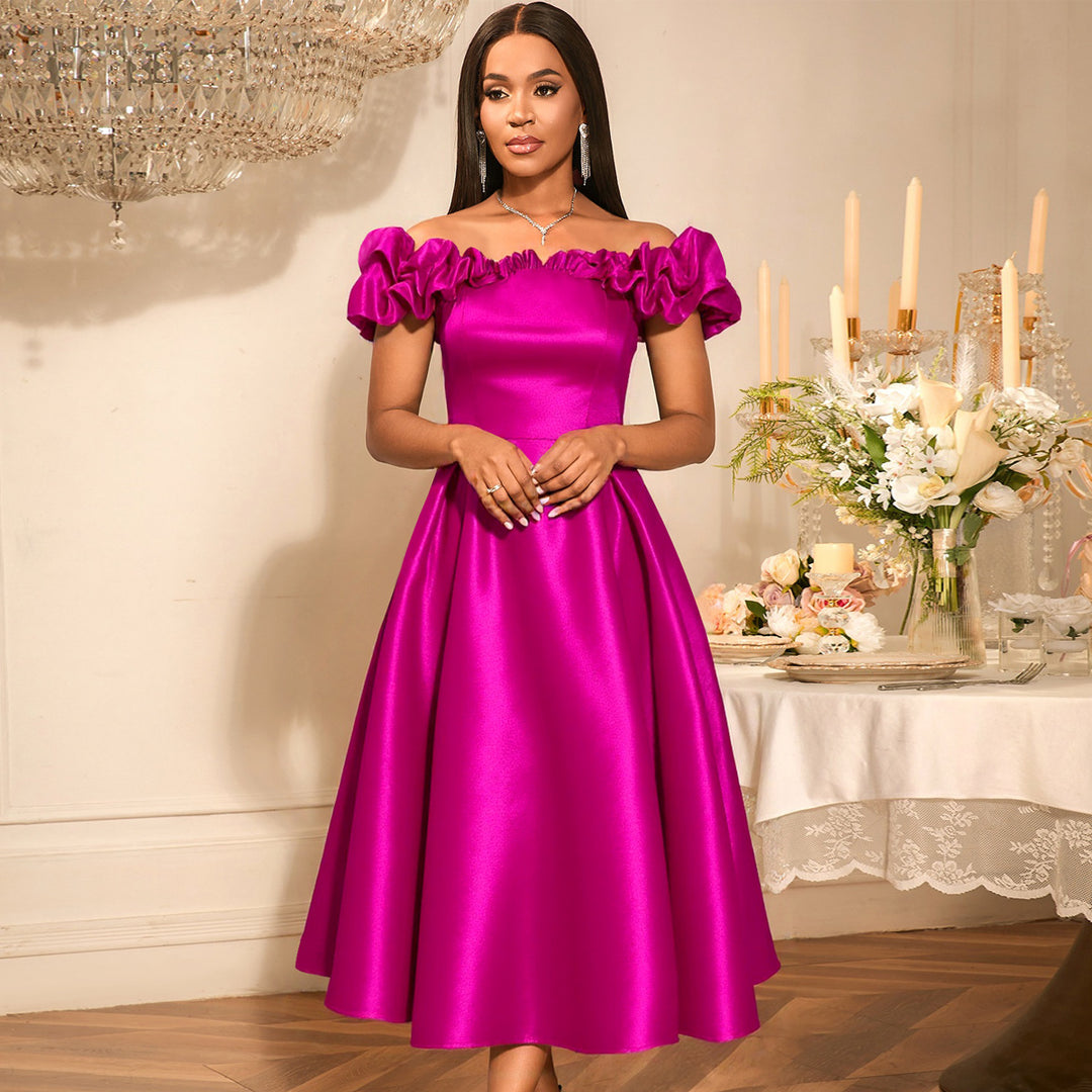 Damen Cocktailkleid mit schulterfreiem Design und voluminösen Rüschendetails Drune