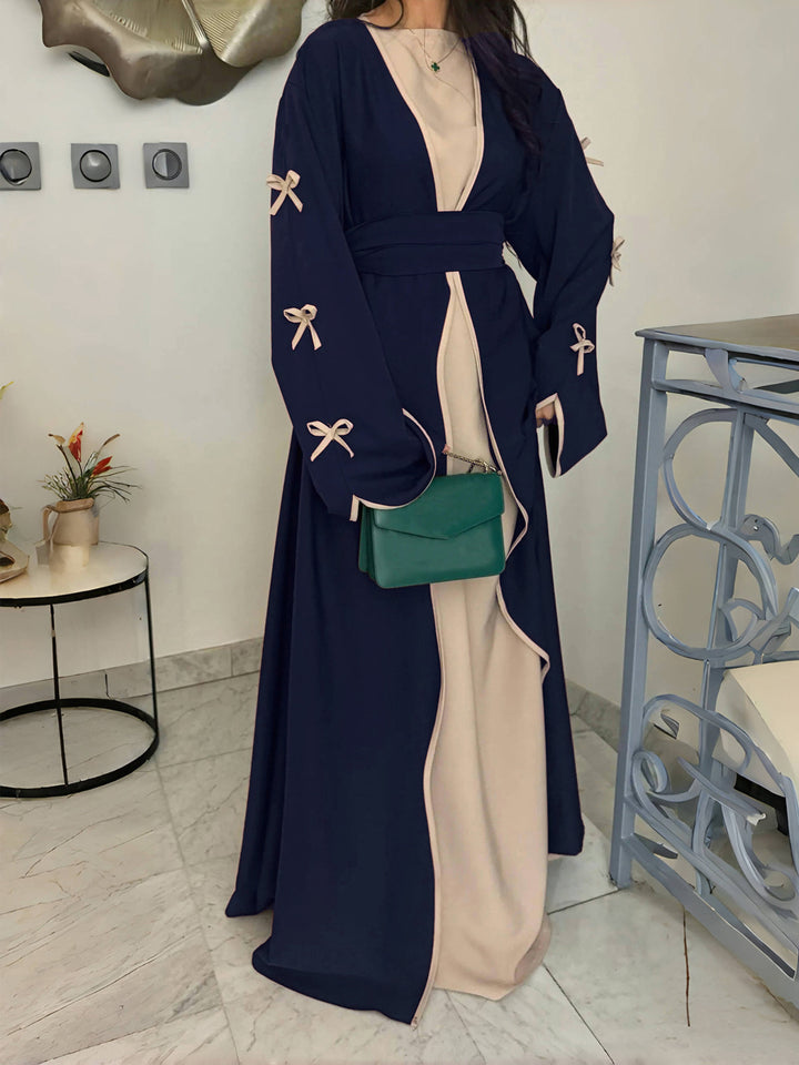 Damen nan elegante Abaya-Kaftan mit weitem Trompetenärmel, kontrastierender Passe und Wickelgürtel Drune