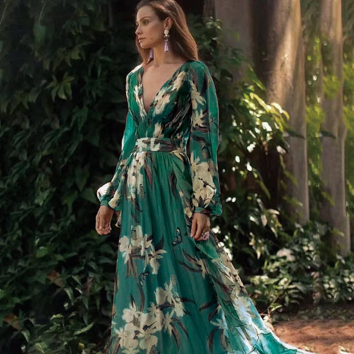 Drune | Damen Maxikleid Fließendes V-Ausschnitt
