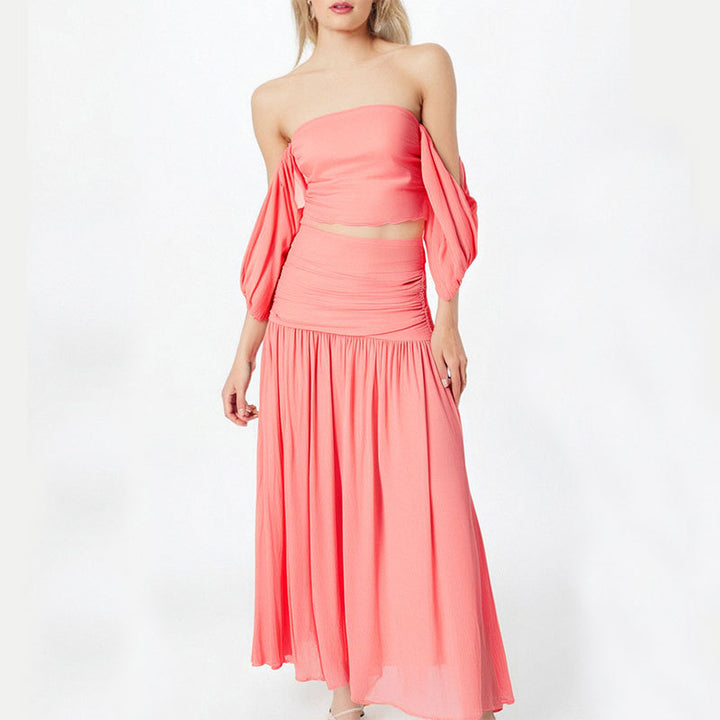 Damen Maxikleid mit elegantem Off-Shoulder Design und fließendem Stoff Drune