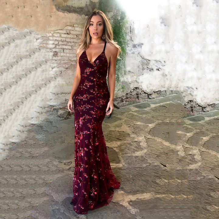Damen Glamouröses langes Abendkleid mit Pailletten und tiefem V-Ausschnitt Drune