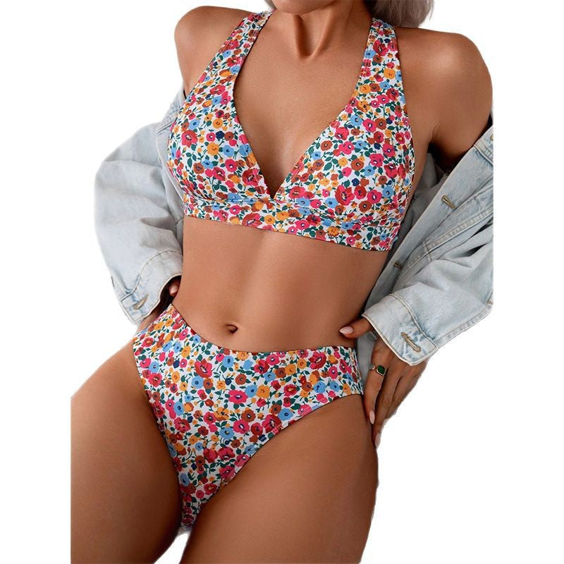 Damen Triangel-Bikini mit floralem Design und hochgeschnittenem Schnitt Drune