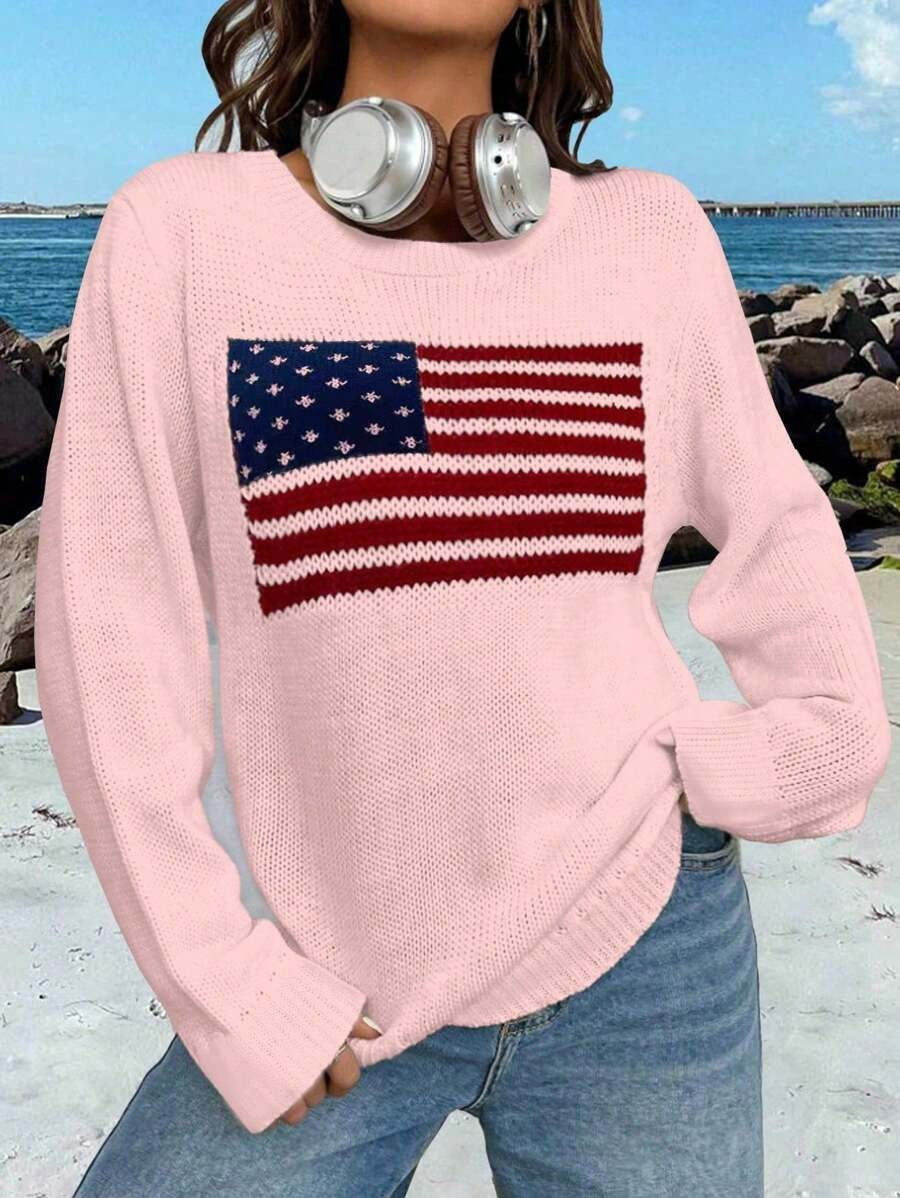 Damen Strickpullover mit Flaggenmotiv und lockerer Passform Drune