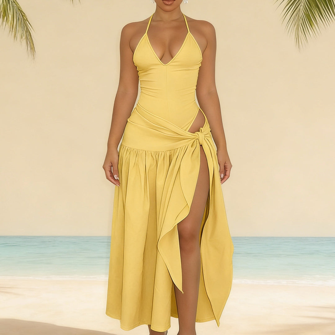 Damen Maxikleid mit knackigem V-Ausschnitt und verspielten Drapierungen Drune