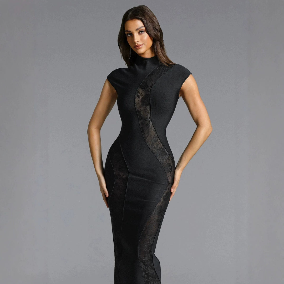 Damen Elegantes Kleid mit transparenten Spitzeinsätzen Drune