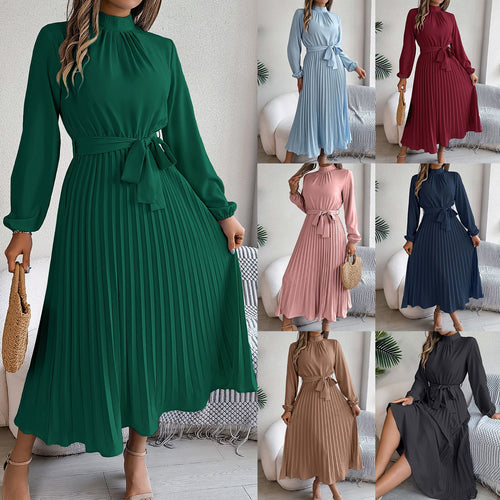 Drune | Elegante Stehkragen Taillierter Plissierter Langer Rock kleines Kleid
