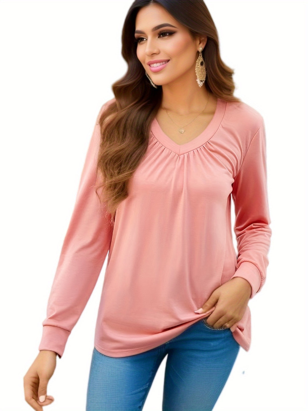 Damen V-Ausschnitt Langarmshirt mit geschmackvollem Faltenwurf und lässiger Passform Drune