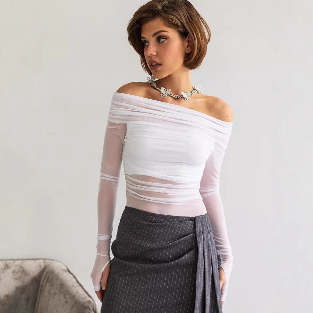 Damen Offshoulder Langarm-Top aus transparentem Netzmaterial Drune