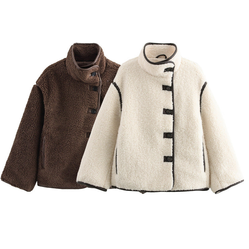 Damen kuschelige Fleecejacke mit hohem Kragen und dekorativen Knopfdetails Drune