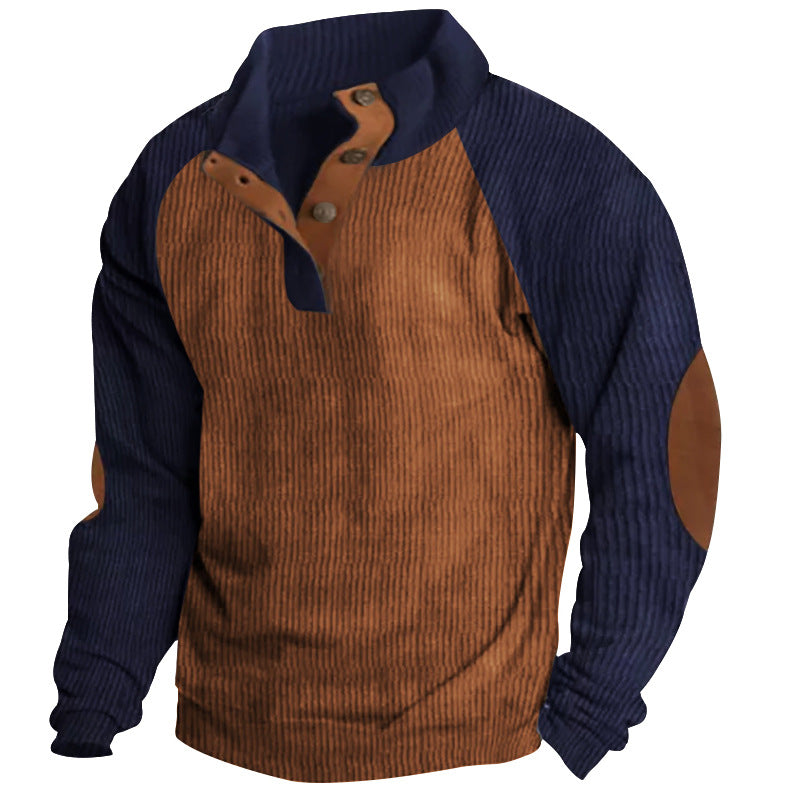 Herren nan strukturiertes Henley-Sweatshirt mit Stehkragen, Raglanärmeln und Ellbogenpatches Drune