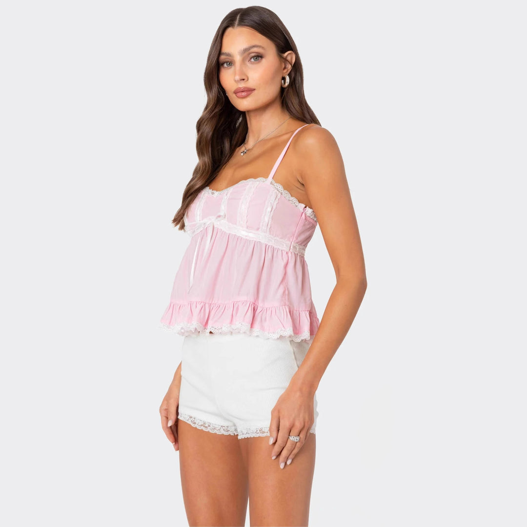 Damen Raffiniertes Sommeroberteil mit Spitzenakzenten und luftiger Silhouette Drune