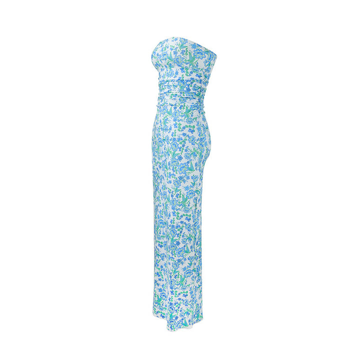 Damen elegantes, trägerloses Maxikleid mit raffiniertem Mustermix Drune