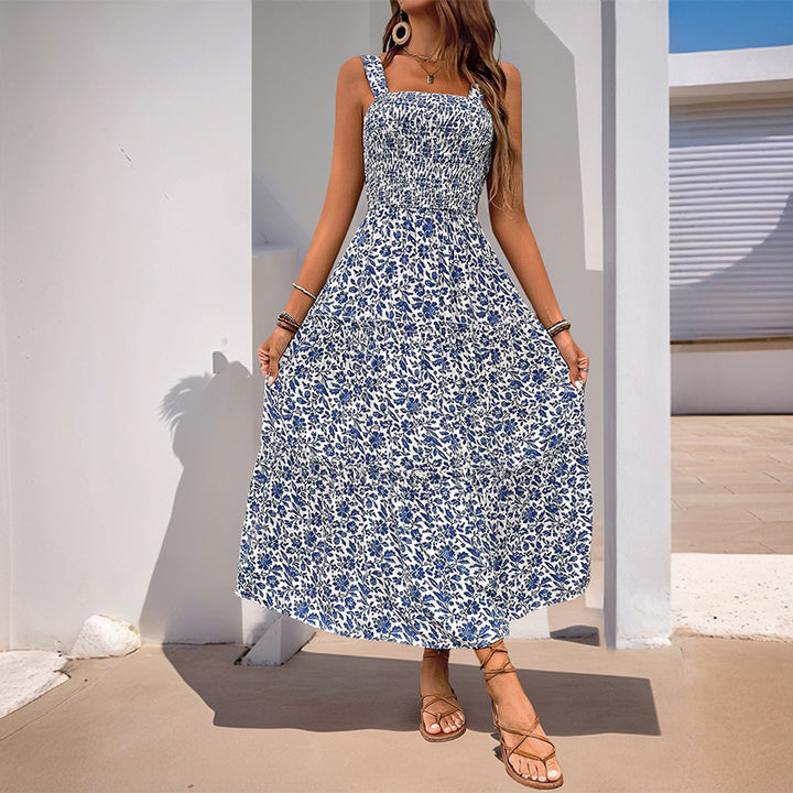 Damen Maxikleid mit floralem Muster und elastischem Taillengürtel Drune