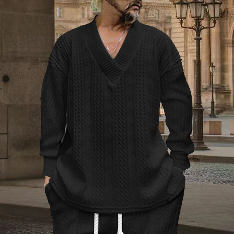 Herren nan grob gestrickter V-Ausschnitt-Pullover mit Zopfmuster und relaxed Fit Drune