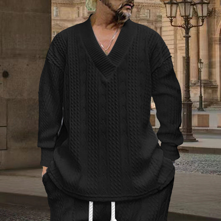 Herren nan grob gestrickter V-Ausschnitt-Pullover mit Zopfmuster und relaxed Fit Drune