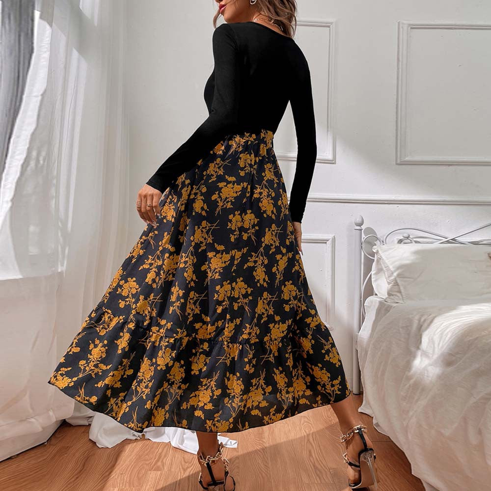 Damen Maxikleid mit tiefem V-Ausschnitt und floralem Rock Drune