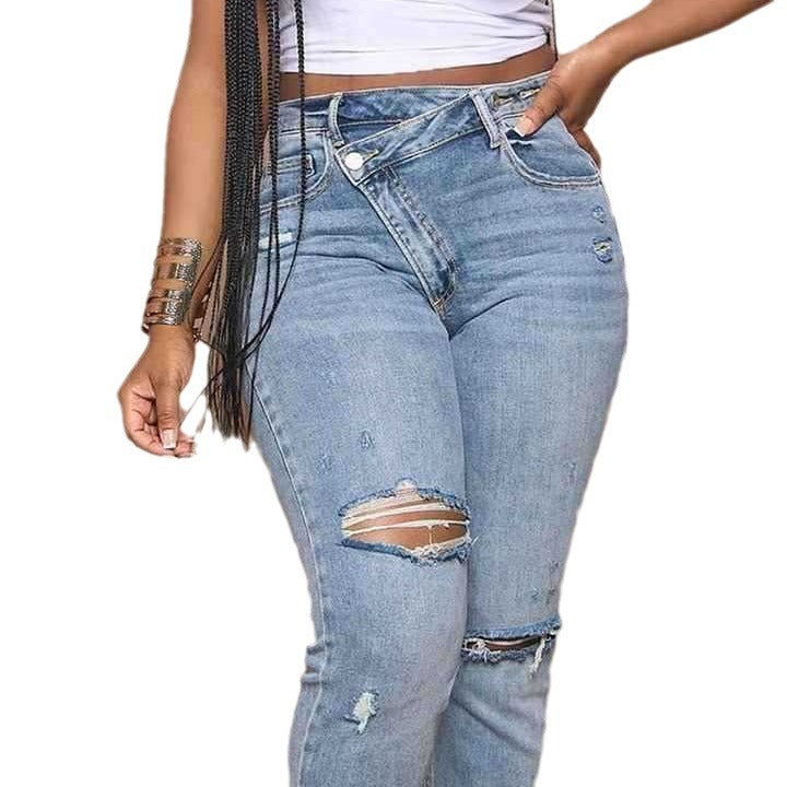 Damen High-Waist Boyfriend Jeans mit ausgefranstem Saum und lässigem Used-Look Drune