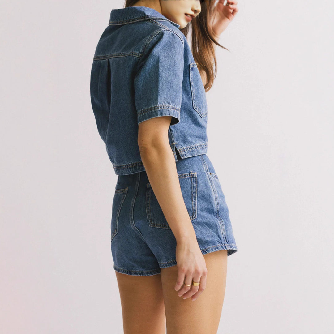 Damen lässiges Denim-Kurzjacken-Set mit passendem Rock Drune