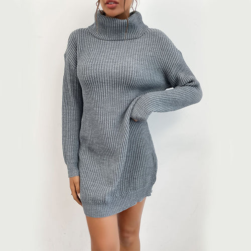 Damen kuscheliges Strickkleid mit Rollkragen und langen Ärmeln Drune