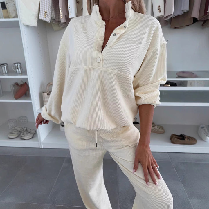 Damen bequemer Fleece-Loungewear-Anzug mit Knopfdetails Drune