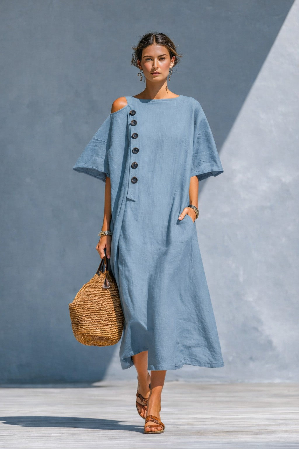 Damen Oversize-Langarmkleid mit asymmetrischem Ausschnitt und Knopfdetail Drune