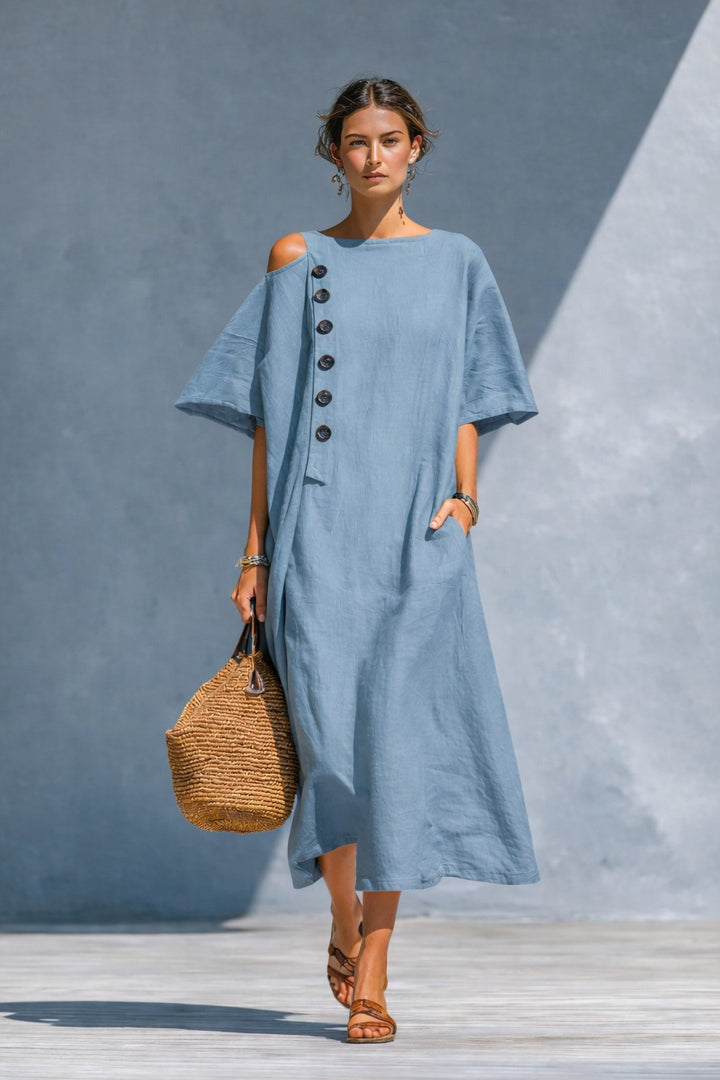 Damen Oversize-Langarmkleid mit asymmetrischem Ausschnitt und Knopfdetail Drune