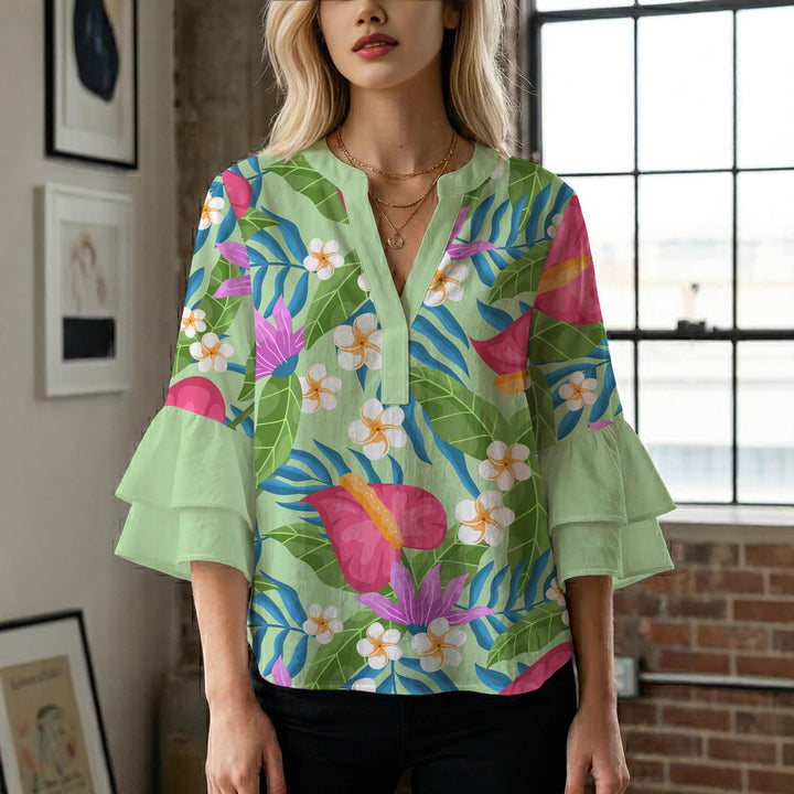 Damen Bluse mit voluminösen Rüschenärmeln und floralem Muster Drune