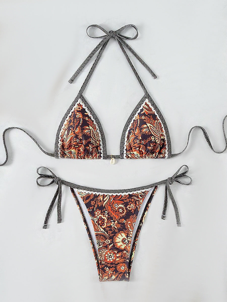 Damen Triangel-Bikini-Set mit verspieltem Blumenmuster und verstellbaren Bindebändern Drune