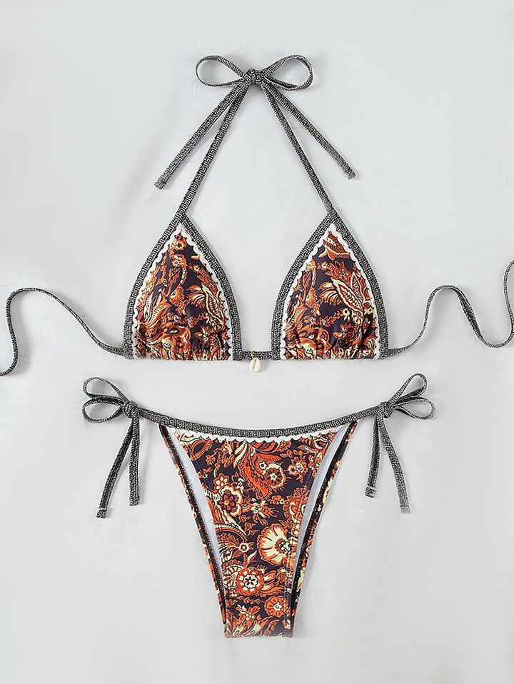 Damen Triangel-Bikini-Set mit verspieltem Blumenmuster und verstellbaren Bindebändern Drune