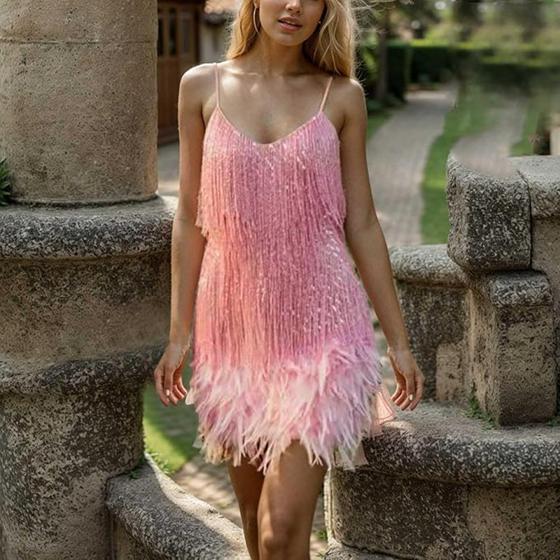 Damen Fransenminikleid mit süßem V-Ausschnitt und verführerischem Design Drune