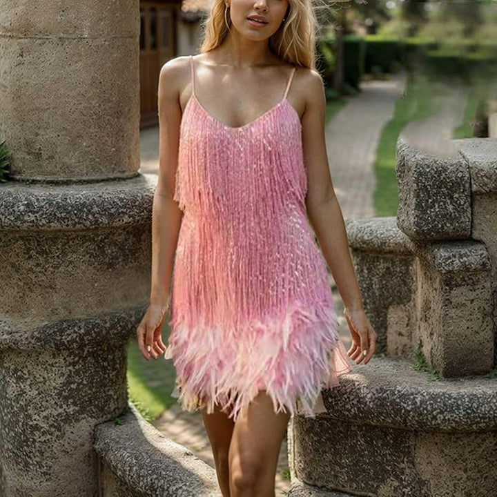 Damen Fransenminikleid mit süßem V-Ausschnitt und verführerischem Design Drune