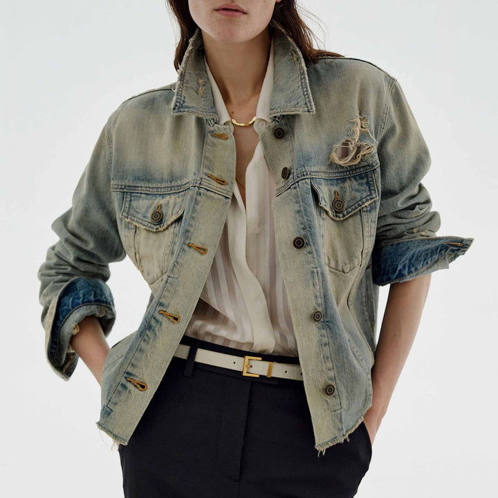 Damen nan oversized Destroyed-Denimjacke mit rohem Saum, aufgesetzten Brusttaschen und vintage Waschung Drune