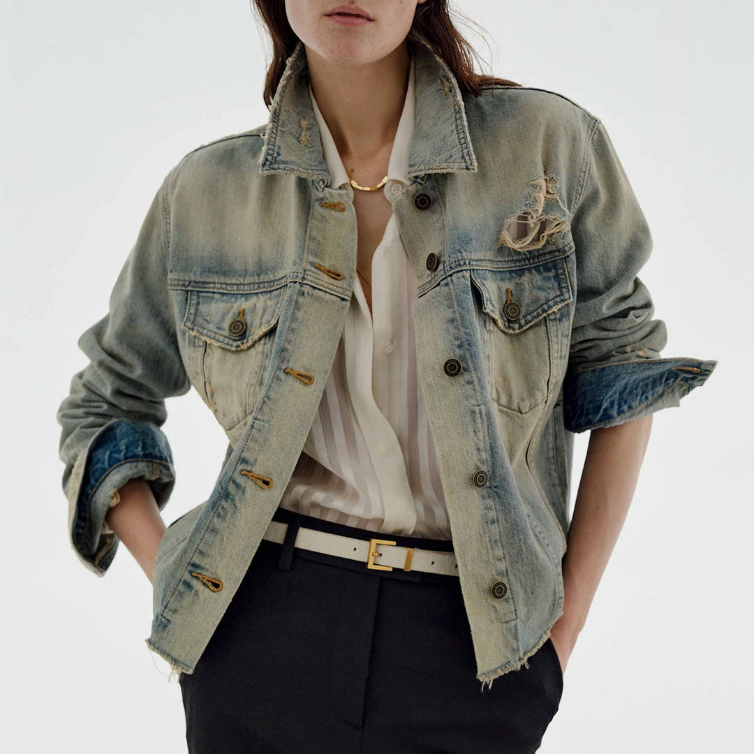 Damen modische Denimjacke im Vintage-Stil mit lässigem Schnitt und fransigen Details Drune