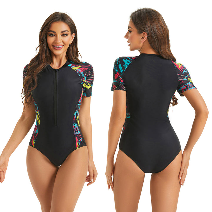 Damen Sportlicher Kurzarm Badeanzug mit buntem Muster Drune