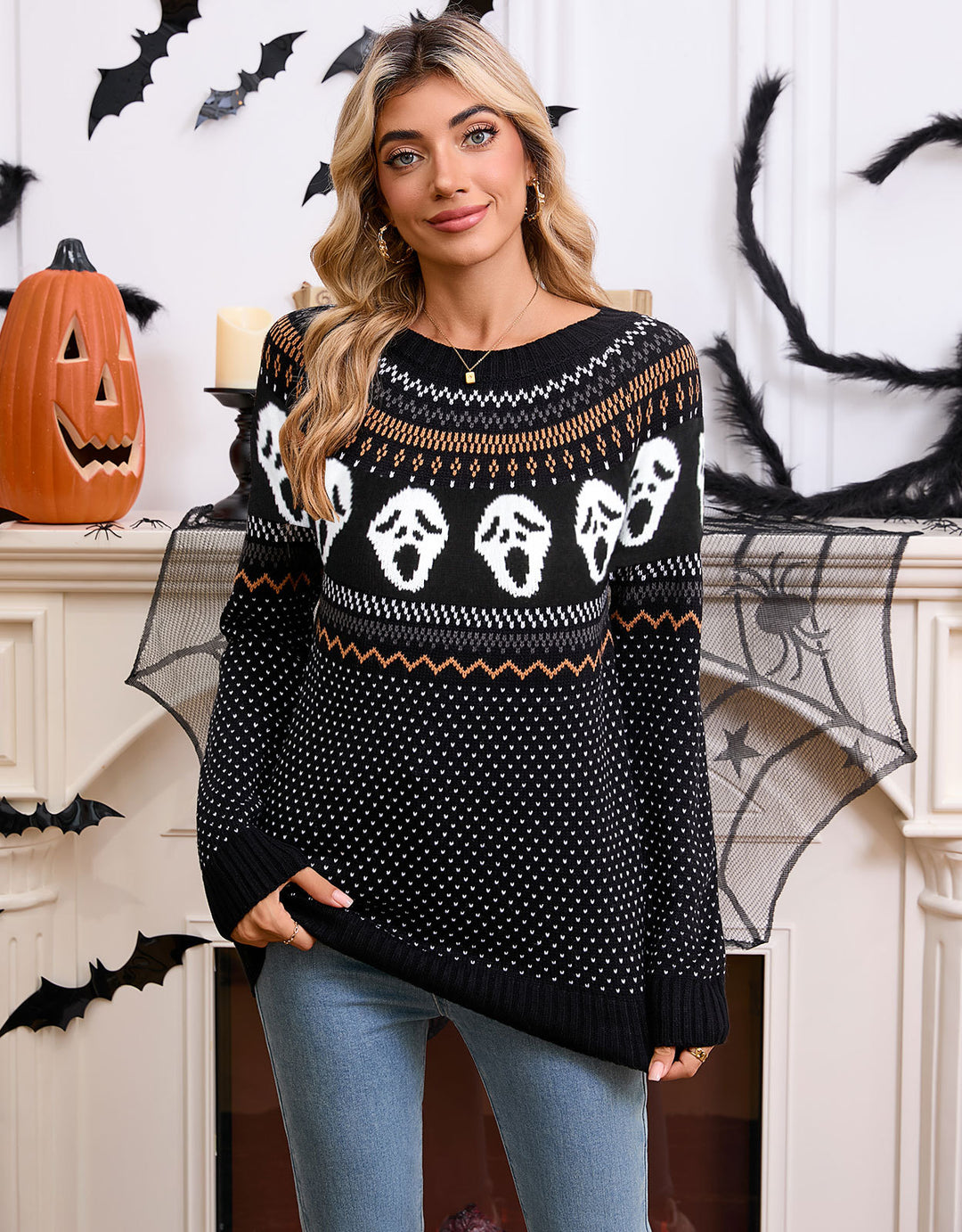Damen Gemusterter Strickpullover mit Halloween-Motiv Drune