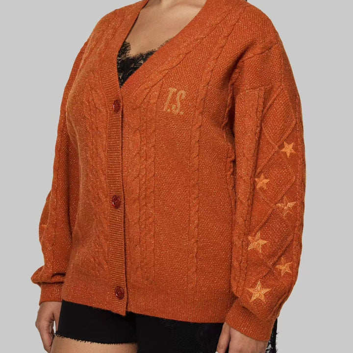 Damen nan großzügiger Grobstrick-Cardigan mit Zopfmuster, V-Ausschnitt und Sternstickereien Drune