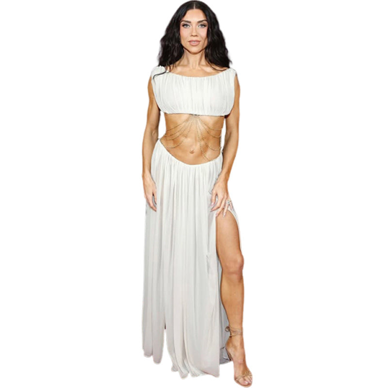 Damen Luxuriöses Chiffon-Maxikleid mit raffinierten Kettendetails und innovativem Schnitt Drune