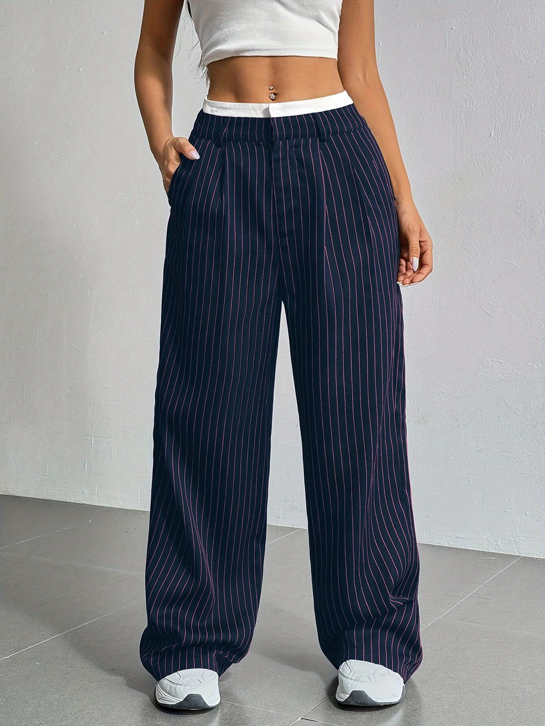 Damen Elegante Weite Hose mit Nadelstreifen und hohem Bund Drune